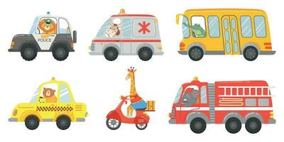 dibujos animados animal conductor. animales en emergencia ambulancia, camión de bomberos y policía coche. zoo Taxi, público autobús y entrega camión vector conjunto