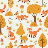 Seamless forest foxes pattern. Cute red fox among yellow trees, wild animal nature background vector illustration