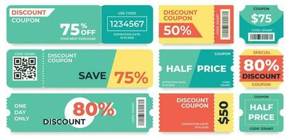 Discount coupon. Half price offer, promo code gift voucher and coupons template vector set