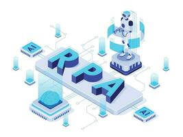 Isometric RPA. Robotic process automation, futuristic artificial intelligence robots and AI learning vector illustration