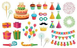 Cartoon party kit. Rocket fireworks, colorful balloons and birthday gifts. Carnival masks and sweet cupcakes vector illustration set