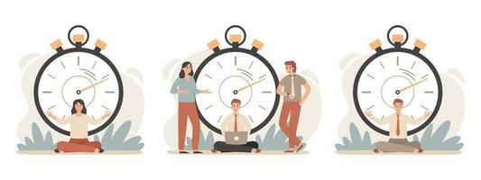 Work rate time management. Business people working with stopwatch, fast tasks and time stop vector illustration set