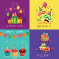 Cartoon party invitation cards. Celebration carnival masks, birthday party decorations and colourful cupcakes vector illustration set