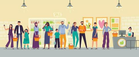 People waiting in store line. Long shop queue, customers in line for cash register and waiting for buy flat vector illustration