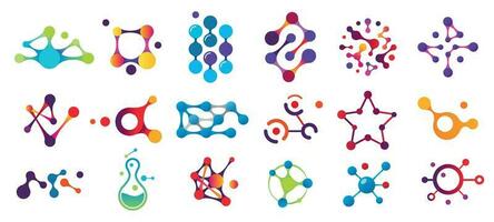 Connected molecules. Molecule connection model, chemistry particle and color molecular structure isolated flat vector set