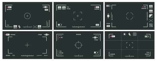 Video camera viewfinders. Recording view frame, cinema rec viewing screen and dslr cam viewfinder vector set