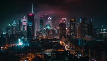 Glowing urban skyline illuminates modern city life generated by AI photo