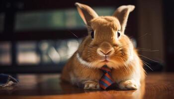 Fluffy rabbit sitting, looking at camera indoors generated by AI photo