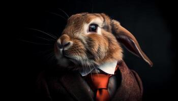 Cute rabbit with confident businessman in suit generated by AI photo