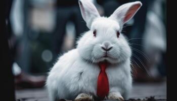 Fluffy baby rabbit sitting in grass field generated by AI photo