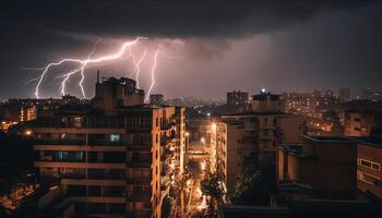 Glowing city skyline igniting the night sky generated by AI photo