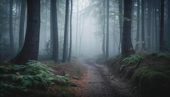 misterio de el escalofriante bosque en otoño niebla generado por ai foto