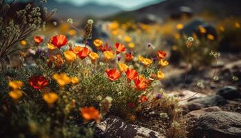 Vibrant tulip blossoms adorn tranquil spring meadow generated by AI photo