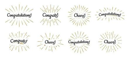 Congratulations lettering. Congrats label, cheers celebration and congratulation text badges with golden burst vector set