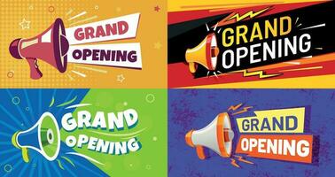 Grand opening banners. Invitation card with megaphone speaker, opened event and opening celebration advertising flyer vector set