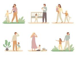 Parenthood problems. Crying child and tired parents, exhausted dad and kids want attention from mother vector illustration set