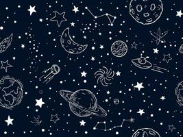 sin costura noche cielo estrellas modelo. bosquejo luna, espacio planetas y mano dibujado estrella vector ilustración. exterior espacio símbolos decorativo textura. cósmico fondo de pantalla, envase papel, textil contorno diseño