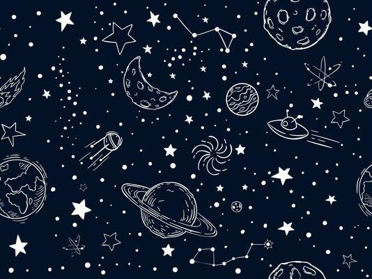 Seamless night sky stars pattern. Sketch moon, space planets and hand drawn star vector illustration. Outer space symbols decorative texture. Cosmic wallpaper, wrapping paper, textile outline design
