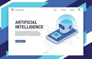 Isometric mobile artificial intelligence. AI smartphone, digital brain technology and neural network chip vector illustration