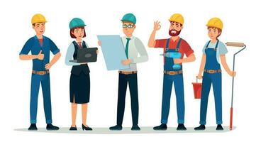 Technician workers and engineers team. Technicians people group, engineering worker and construction cartoon vector illustration