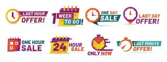 Sale countdown badges. Last minute offer banner, one day sales and 24 hour sale promo stickers vector set