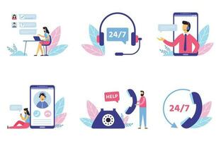 Customer support. Personal assistant service, person advisor and helpful advice services flat vector illustration set