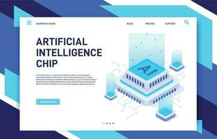 Artificial Intelligence chip. Machine learning technology, computer electronics and AI systems landing page template vector illustration