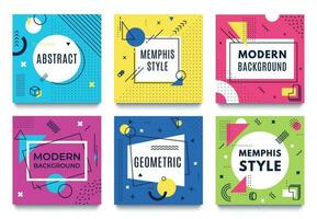 Abstract geometric frame. Memphis square cards, funky colourful stripes and dots shapes and quotes text frames background vector set