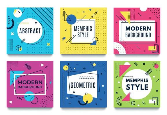 Abstract geometric frame. Memphis square cards, funky colourful stripes and dots shapes and quotes text frames background vector set