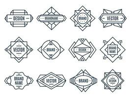 Geometric labels. Geometrical badge, minimal triangles art and abstract design shapes label vector illustration set