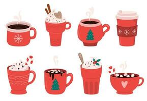Christmas holiday coffee mug. Cocoa with marshmallows, winter warming drinks and hot espresso cup vector illustration set