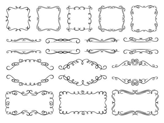 Calligraphy flourish frames. Vintage text frame decorated ornamental flourishes, ornate borders and swirling dividers vector set. Elegant empty frames with text space and filigree dividers pack