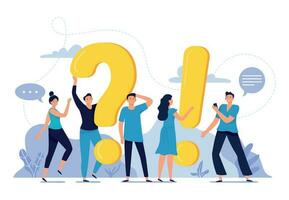 People ask frequently asked questions. FAQ, person asking question, mens and womens questions and answers vector illustration. Internet experience sharing platform concept. Online forum users