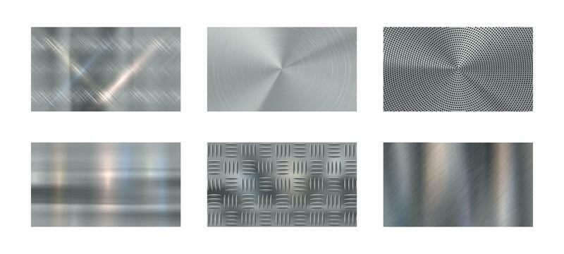 Brushed metal. Steel metallic texture, polished chrome and silver metals shine realistic vector background set