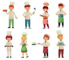 Cartoon cooking children. Little chef cooks food, kid cook and gourmet childrens kitchen chefs vector illustration set