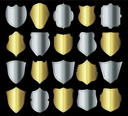 Shield silhouette. Retro crests frame, silver metal security shielding emblem and golden heraldic shields silhouettes vector set