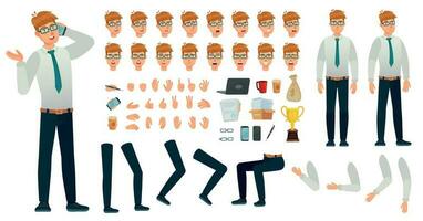 dibujos animados gerente personaje equipo. oficina gerentes creación constructor, diferente cuerpo puntos de vista, cara emociones y gestos vector conjunto