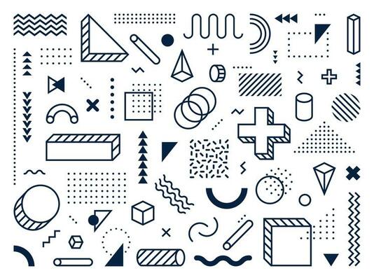 Abstract geometric shapes. Outline circle, triangle and cube. Trendy memphis style symbols, lines and dots patterns vector set
