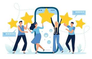 Five stars mobile app feedback. Customers satisfaction, clients leave five star rating and positive feedback flat vector illustration