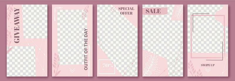 Pink stories template. Cute story post layout, fashion floral poster and graceful sale stories templates layout vector set