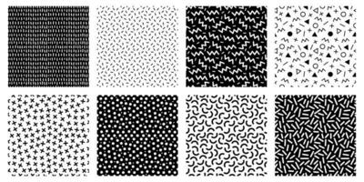 Memphis seamless patterns. Geometric lines and dots texture, black and white 80s textures and funky pattern vector set