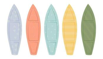 Set of Surfboards with Different Bright and Unusual Pattern Designs. Various Surf Desks, Surfing Boards Collection, Shortboard and Longboard Isolated on White Background. Cartoon Vector Illustration