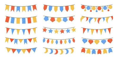 Multicolored set of bright garlands for the holidays. Colorful collection of various garlands. Design elements for the design of greeting cards, invitations. Vector stock illustration.