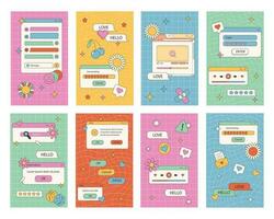 Retro UI post template. Cool 90s aesthetic social media stories frames, app window with groovy background vector set. Illustration of graphic template retro groovy. Vector stock illustration,