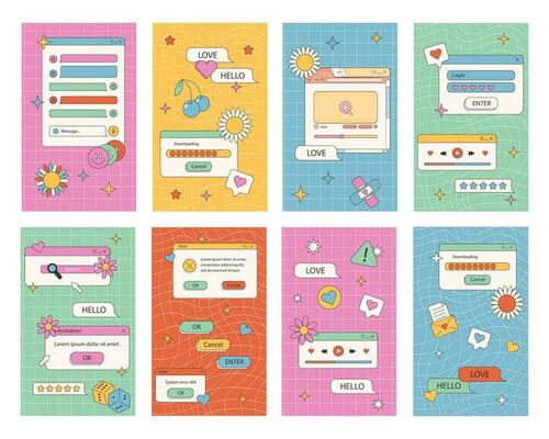 Retro UI post template. Cool 90s aesthetic social media stories frames, app window with groovy background vector set. Illustration of graphic template retro groovy. Vector stock illustration,