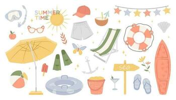 Collection of summer beach elements. Summer leisure activity. Cute travel set for the beach. Collection of scrapbooking elements for beach party. Tropical vacation. Cartoon vector stock illustration.