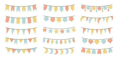 Multicolored set of bright garlands for the holidays. Colorful collection of various garlands. Design elements for the design of greeting cards, invitations. Vector stock illustration.