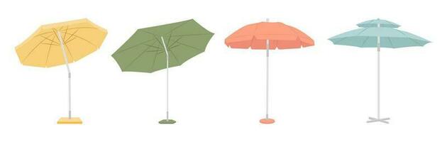 Cartoon beach umbrella. Sun protective outdoor large parasols with stripes, summer sunshade isolated vector illustration set. Colorful equipment for relaxation on seaside, vacation concept.