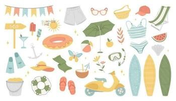 Collection of summer beach elements. Summer leisure activity. Cute travel set for the beach. Collection of scrapbooking elements for beach party. Tropical vacation. Cartoon vector stock illustration.