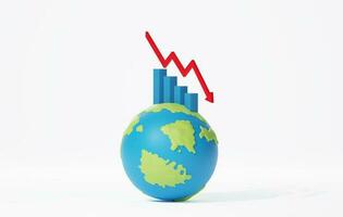 Red arrow pointing down with declining bar graph on white background. 3d rendering, 3d illustration photo